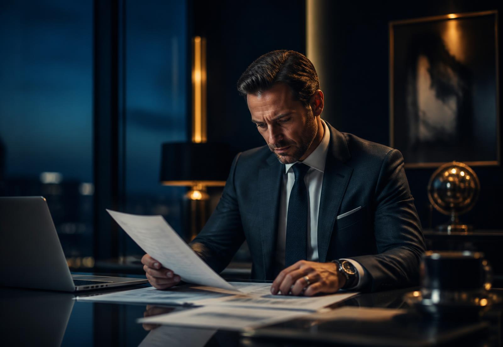 Company director reviewing VAT paperwork at an office desk
